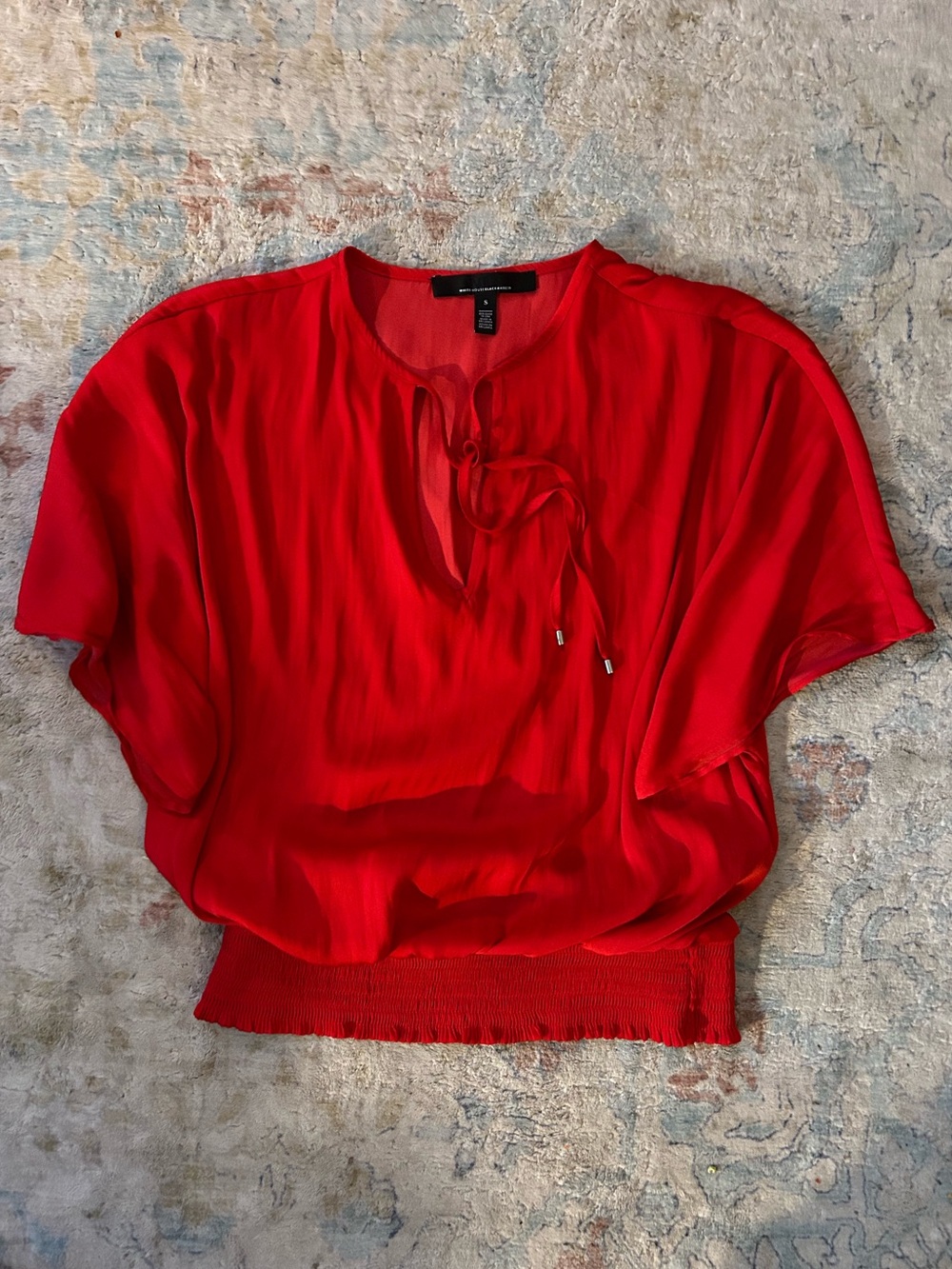 White House Black Market Red Tie-Neck Short Sleeve Blouse